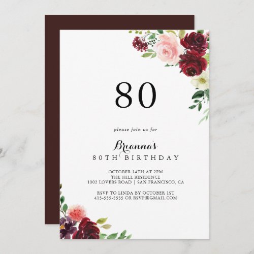 Burgundy Spring Floral 80th Birthday Party Invitation