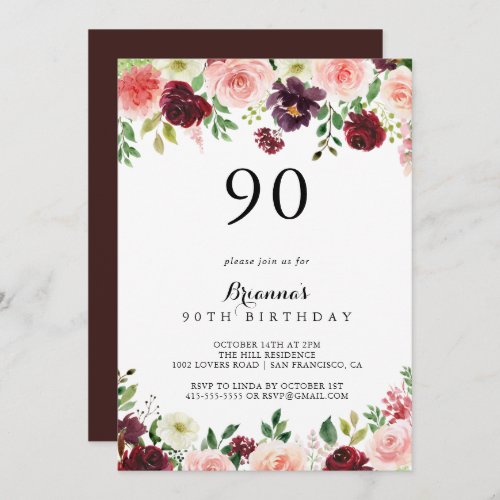 Burgundy Spring Floral 90th Birthday Party Invitation