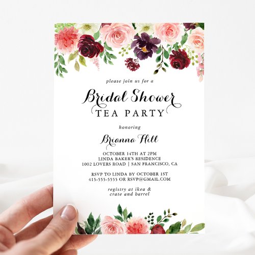 Burgundy Spring Floral Bridal Shower Tea Party Invitation