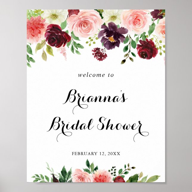 Burgundy Spring Floral Bridal Shower Welcome Poster (Front)