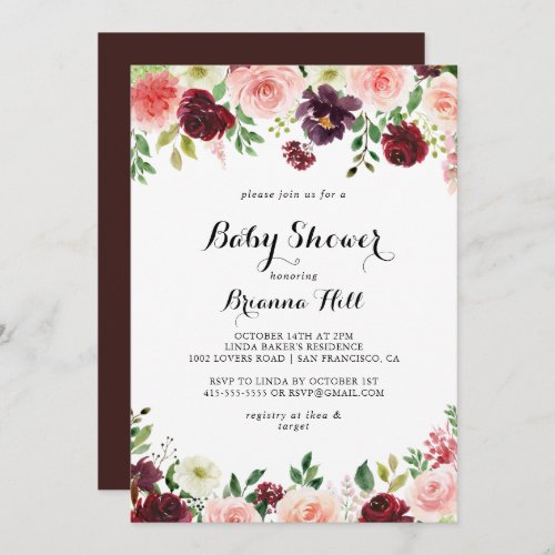 Burgundy Spring Floral Calligraphy Baby Shower Invitation