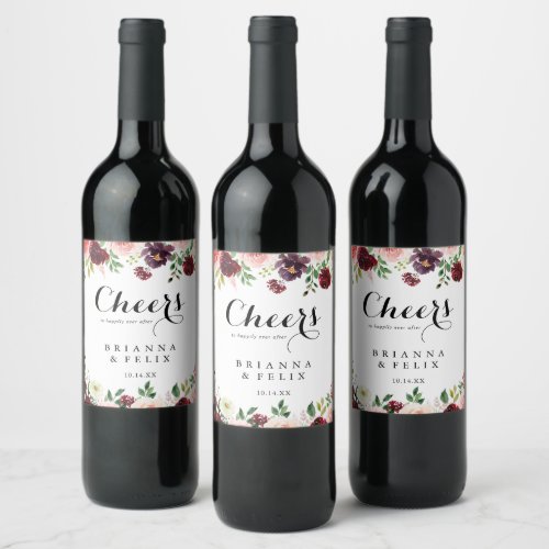 Burgundy Spring Floral Calligraphy Cheers Wedding Wine Label