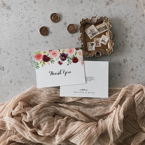 Burgundy Spring Floral Calligraphy Flat Wedding Thank You Card