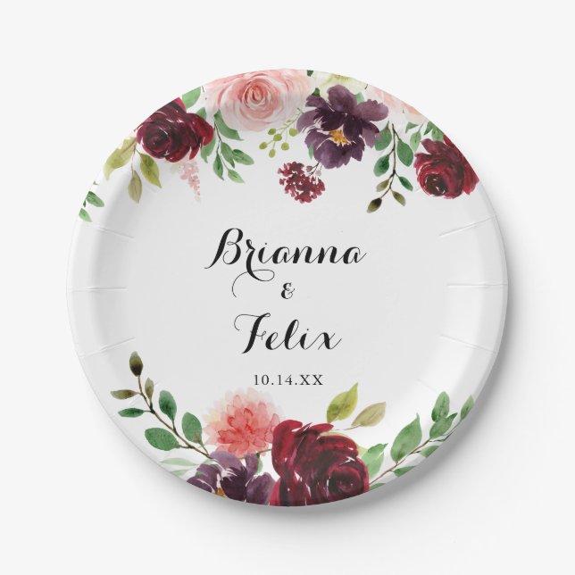 Burgundy Spring Floral Calligraphy Wedding Cake Paper Plates (Front)
