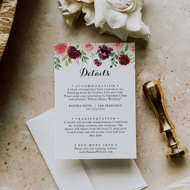 Burgundy Spring Floral Calligraphy Wedding Details Enclosure Card (Creator Uploaded)