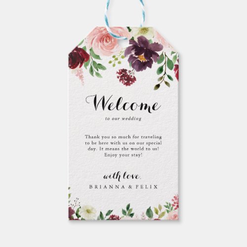Burgundy Spring Floral Calligraphy Wedding Welcome Gift Tags