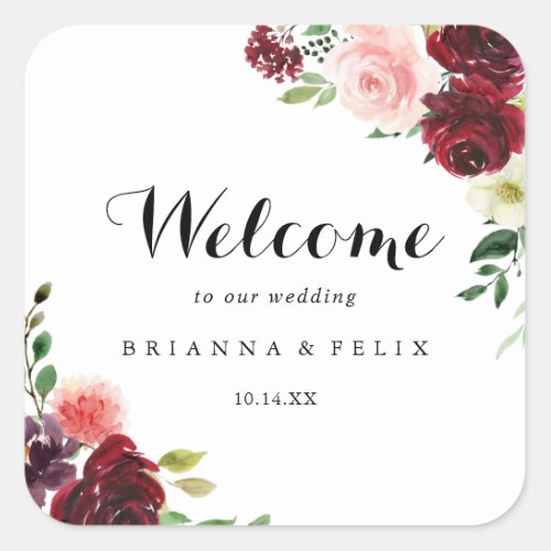 Burgundy Spring Floral Calligraphy Wedding Welcome Square Sticker