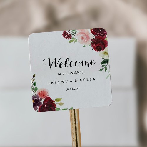 Burgundy Spring Floral Calligraphy Wedding Welcome Square Sticker