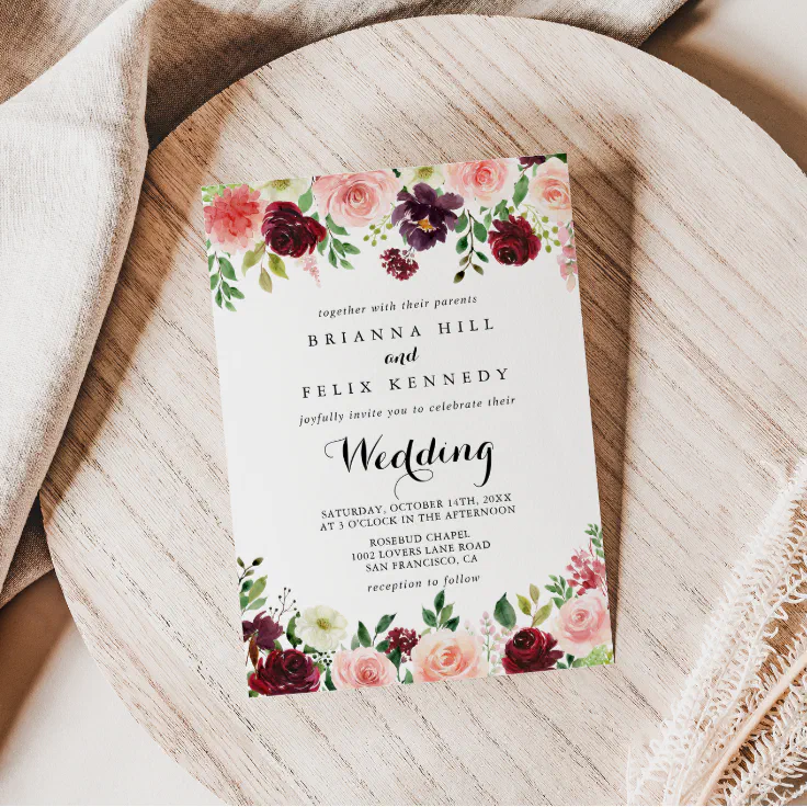 Burgundy Spring Floral Modern Calligraphy Wedding Invitation | Zazzle