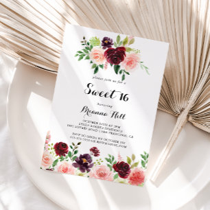 Burgundy Spring Floral Sweet 16 Birthday Party Invitation