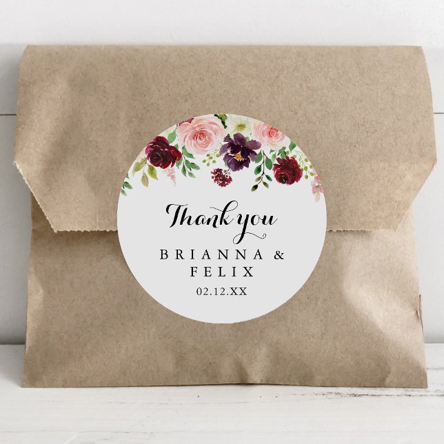 Burgundy Spring Floral Thank You Wedding Favor Classic Round Sticker (Creator Uploaded)