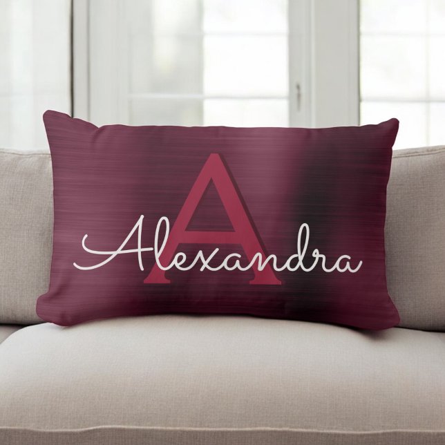 Burgundy Stainless Steel Monogram Name & Initial Lumbar Pillow (Creator Uploaded)