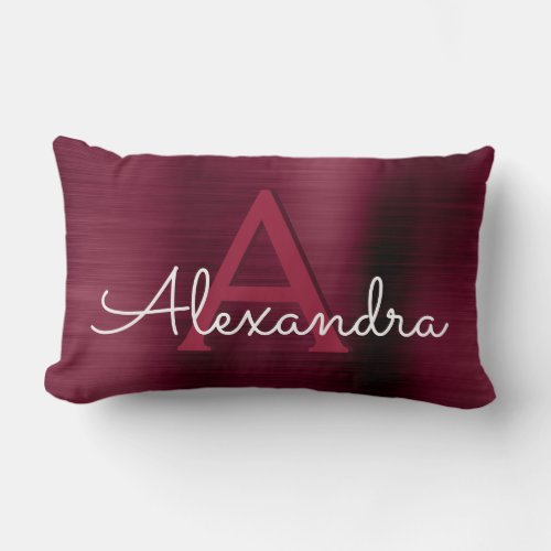 Burgundy Stainless Steel Monogram Name  Initial Lumbar Pillow