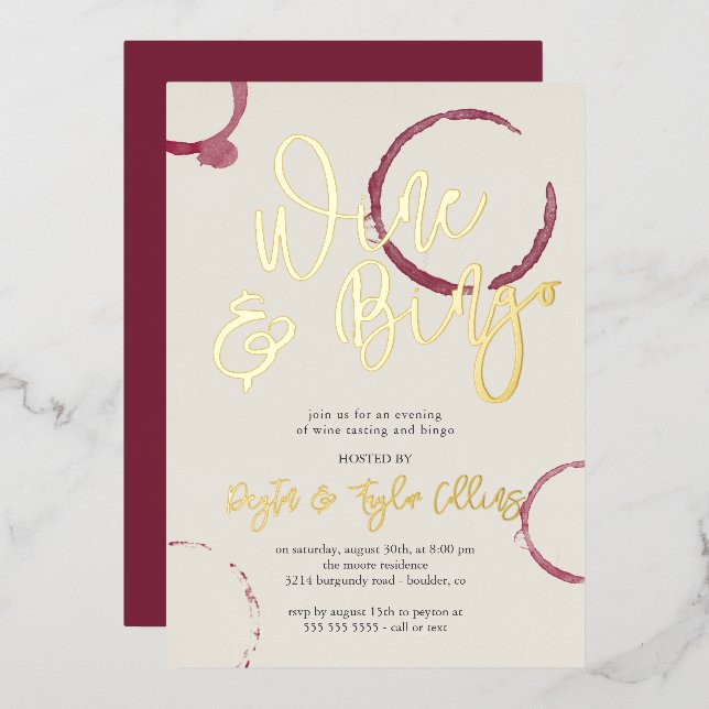 Burgundy Stains Wine & Bingo Party  Foil Invitation (Front/Back)