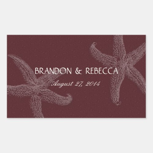 Burgundy Starfish Wedding Water Bottle Wrapper Rectangular Sticker