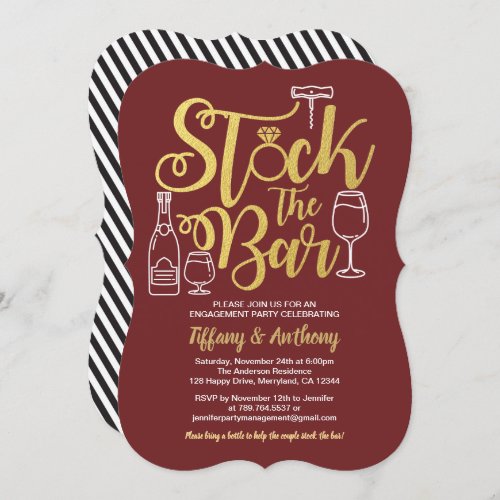 Burgundy stock the bar engagement party invitation