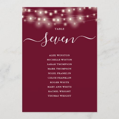 Burgundy String Light Table Number Seating Chart