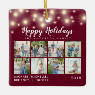 Burgundy String Lights 8 Photo Holiday Ceramic Ornament