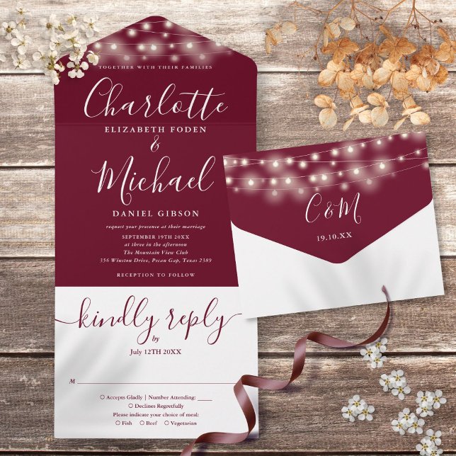 Burgundy String Lights Elegant Script Wedding All In One Invitation (Burgundy String Lights Elegant Script Wedding All In One Invitation)