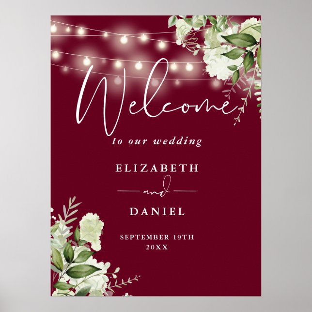 Burgundy String Lights Floral Wedding Welcome Poster (Front)