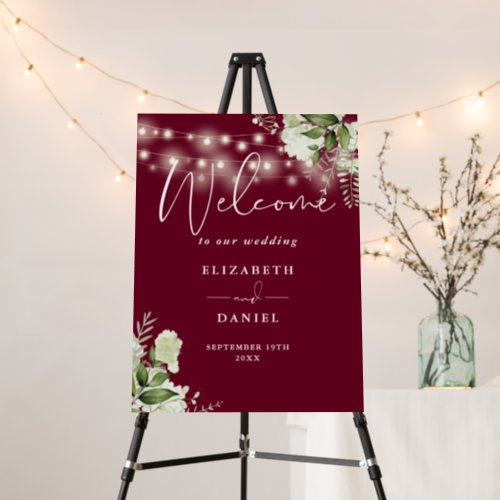 Burgundy String Lights Floral Wedding Welcome Sign