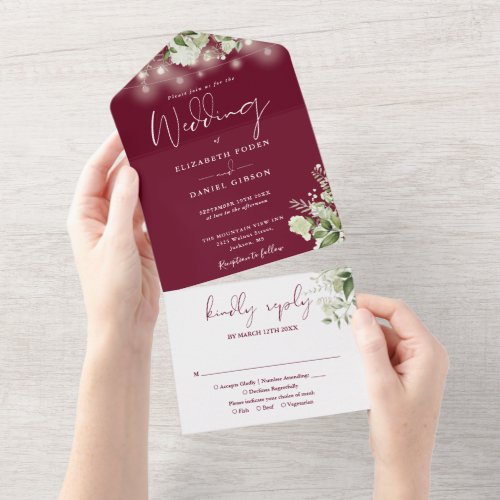 Burgundy String Lights Greenery Monogram Wedding All In One Invitation