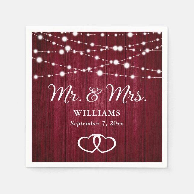 Burgundy String Lights Hearts Rustic Wood Wedding Napkins (Front)