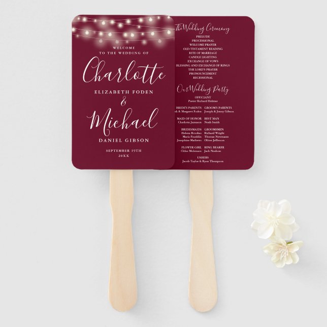 Burgundy String Lights Script Wedding Program Hand Fan (Front and Back)