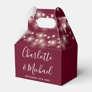 Burgundy String Lights Signature Script Wedding Favor Boxes