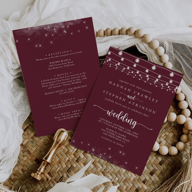 Burgundy String Lights Stars Front & Back Wedding  Invitation (Creator Uploaded)