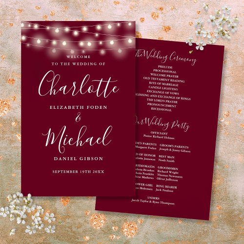 Burgundy String Lights Wedding Program