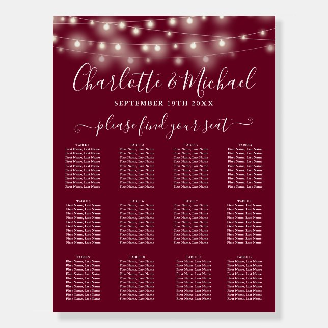 Burgundy String Lights Wedding Seating Chart Foam Board (Front)