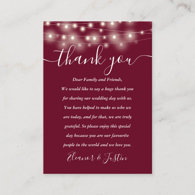 Burgundy String Lights Wedding Thank You Place  Place Card (Front)