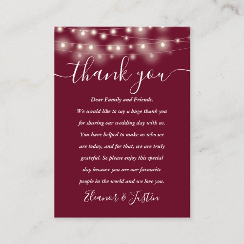 Burgundy String Lights Wedding Thank You Place  Place Card