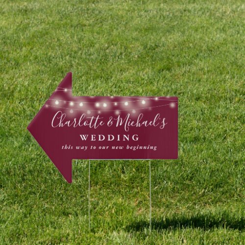 Burgundy String Lights Wedding This Way Arrow Sign