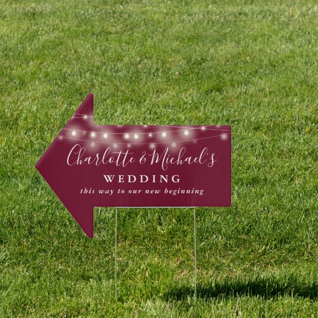 Burgundy String Lights Wedding This Way Arrow Sign (Insitu)