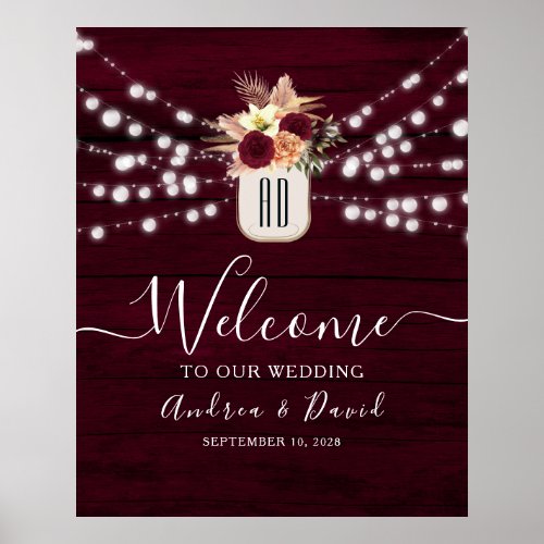 Burgundy String Lights Wedding Welcome Poster