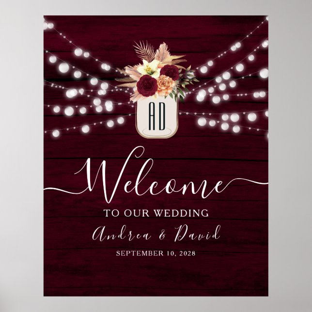 Burgundy String Lights Wedding Welcome Poster (Front)