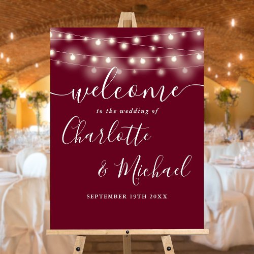 Burgundy String Lights Wedding Welcome Sign