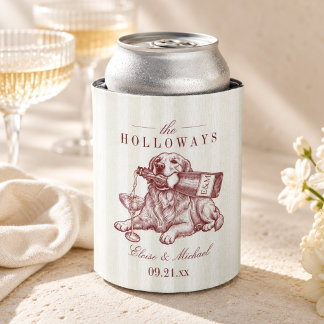 Burgundy Stripe Golden Retriever Wedding Can Cooler
