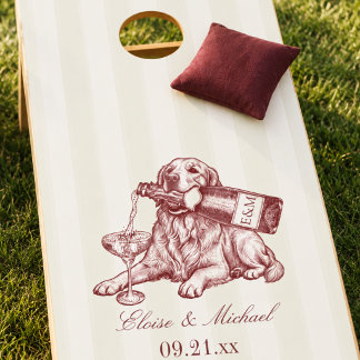 Burgundy Stripe Golden Retriever Wedding Cornhole Set