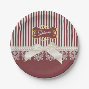 Burgundy Stripe Lace Name Paper Plates