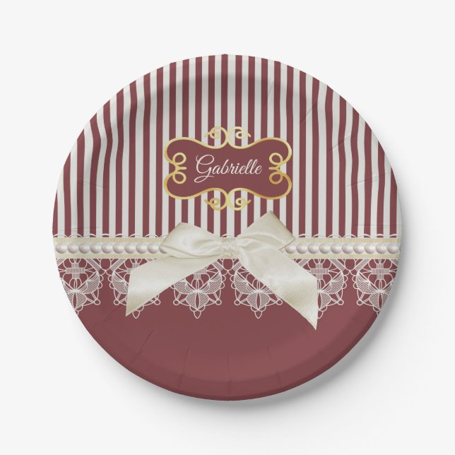 Burgundy Stripe Lace Name Paper Plates (Front)