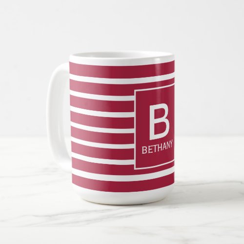 Burgundy Striped Monogram Personalised Coffee Mug