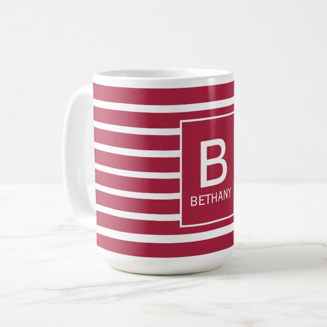 Burgundy Striped Monogram Personalised Coffee Mug (Front Left)