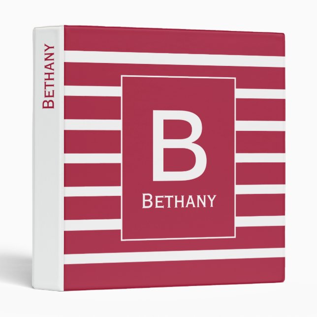 Burgundy Striped Stylish Monogram Personalised 3 Ring Binder (Front/Spine)