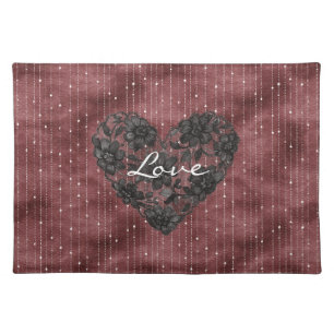 Burgundy Stripes Black Faux Lace Floral Heart Cloth Placemat