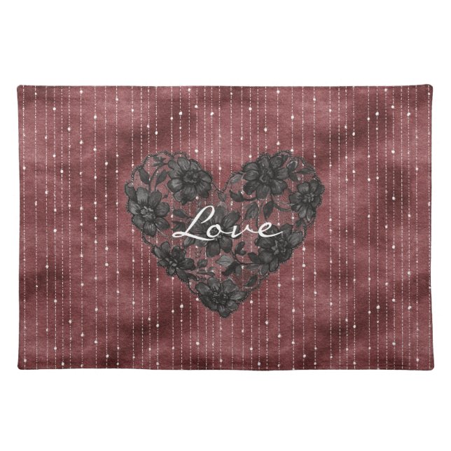 Burgundy Stripes Black Faux Lace Floral Heart  Cloth Placemat (Front)