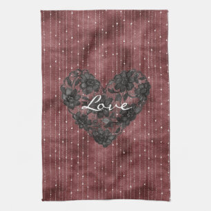Burgundy Stripes Black Faux Lace Floral Heart  Kitchen Towel