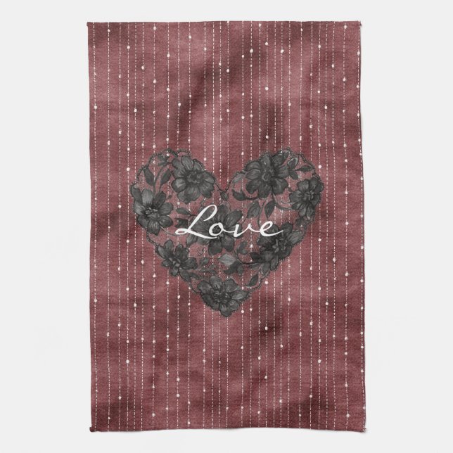 Burgundy Stripes Black Faux Lace Floral Heart  Kitchen Towel (Vertical)